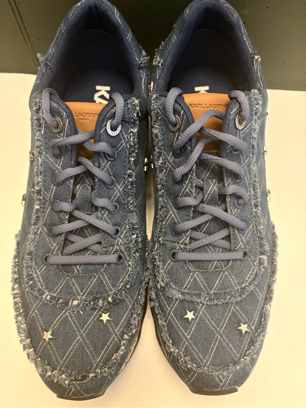 Karl Lagerfeld Women’s Frayed Quilted Denim Sneakers - Blue